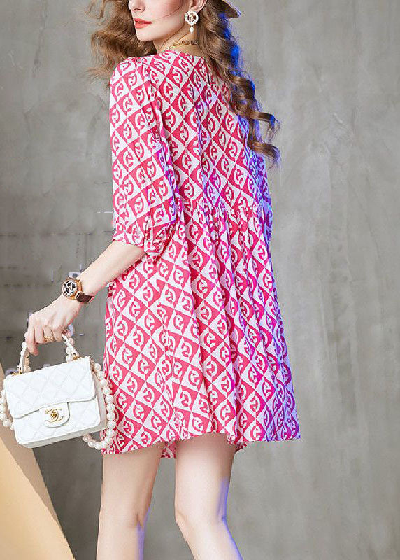 Handmade Pink O Neck Plaid Print Chiffon Shift Dresses Summer