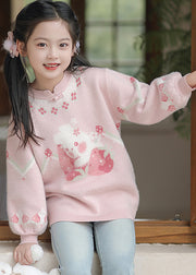 Handmade Pink O-Neck Thick Print Cotton Knit Girls Sweaters Winter