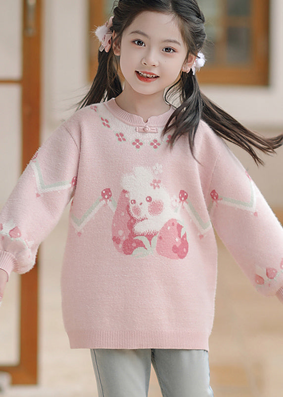 Handmade Pink O-Neck Thick Print Cotton Knit Girls Sweaters Winter