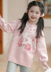 Handmade Pink O-Neck Thick Print Cotton Knit Girls Sweaters Winter