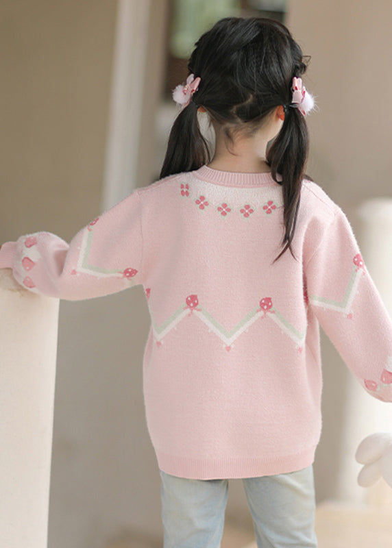 Handmade Pink O-Neck Thick Print Cotton Knit Girls Sweaters Spring