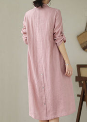 Handmade Pink Peter Pan Collar Patchwork Linen Dresses Summer