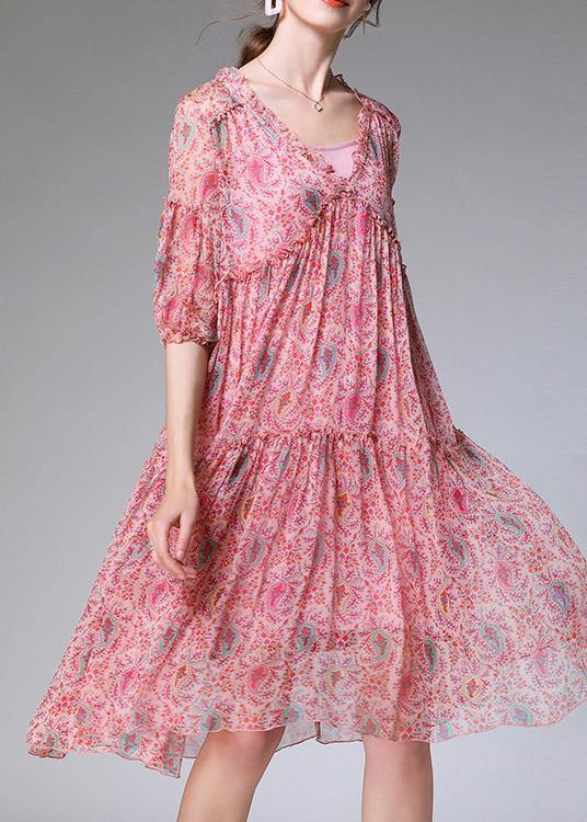 Handmade Pink Print Chiffon Patchwork Summer Ankle Dress