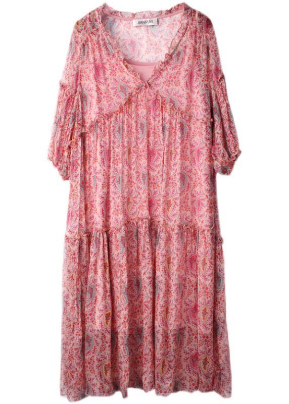 Handmade Pink Print Chiffon Patchwork Summer Ankle Dress