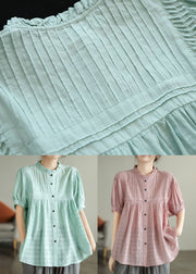 Handmade Pink Ruffled Button Patchwork Cotton Blouse Summer