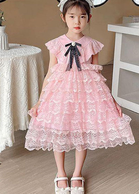 Handmade Pink Ruffled Layered Patchwork Lace Kids Girls Dress Summer