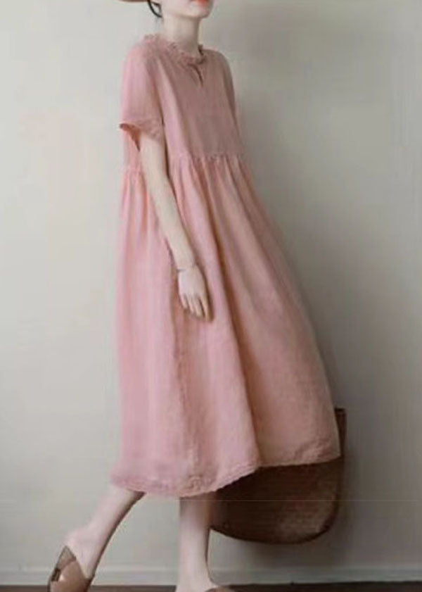 Handmade Pink Ruffled Patchwork Linen Dress Summer