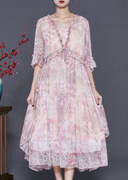 Handmade Pink Ruffled Print Chiffon Holiday Dress Spring