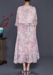 Handmade Pink Ruffled Print Chiffon Holiday Dress Spring