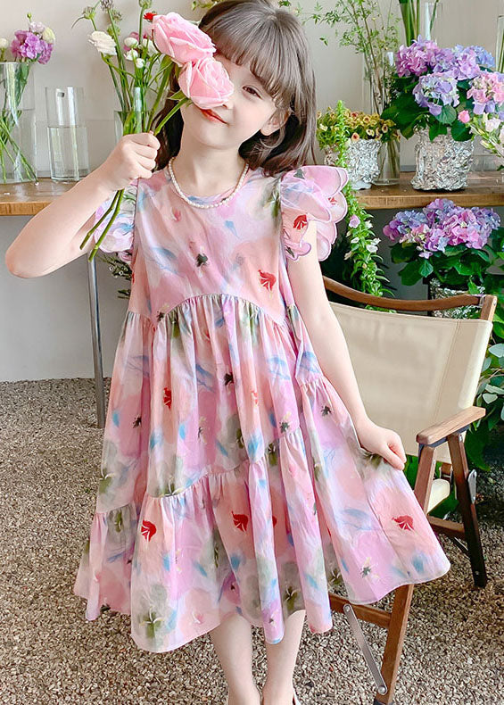 Handmade Pink Ruffled Print Patchwork Cotton Kids Girls Dresses Summer