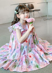 Handmade Pink Ruffled Print Patchwork Cotton Kids Girls Dresses Summer