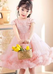 Handmade Pink Ruffled Sequins Nail Bead Patchwork Tulle Kids Girls Dress Summer