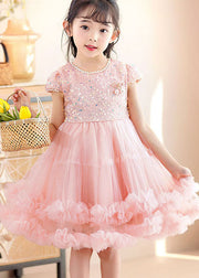 Handmade Pink Ruffled Sequins Nail Bead Patchwork Tulle Kids Girls Dress Summer