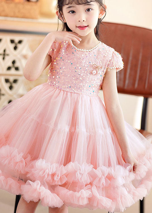 Handmade Pink Ruffled Sequins Nail Bead Patchwork Tulle Kids Girls Dress Summer