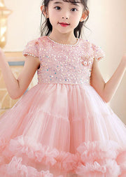 Handmade Pink Ruffled Sequins Nail Bead Patchwork Tulle Kids Girls Dress Summer