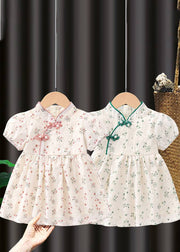 Handmade Pink Stand Collar Print Kids Maxi Dresses Short Sleeve