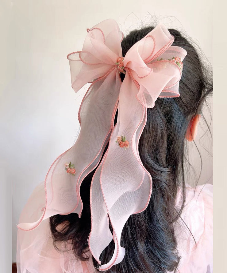 Handmade Pink Tulle Embroidery Bow Ribbon Girls Hairpin