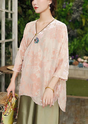 Handmade Pink V Neck Jacquard Silk Top Long Sleeve