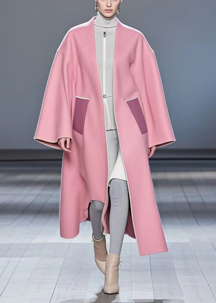 Handmade Pink V Neck Patchwork Woolen Trench Fall