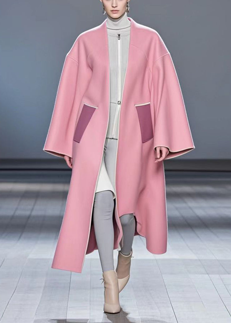 Handmade Pink V Neck Patchwork Woolen Trench Fall