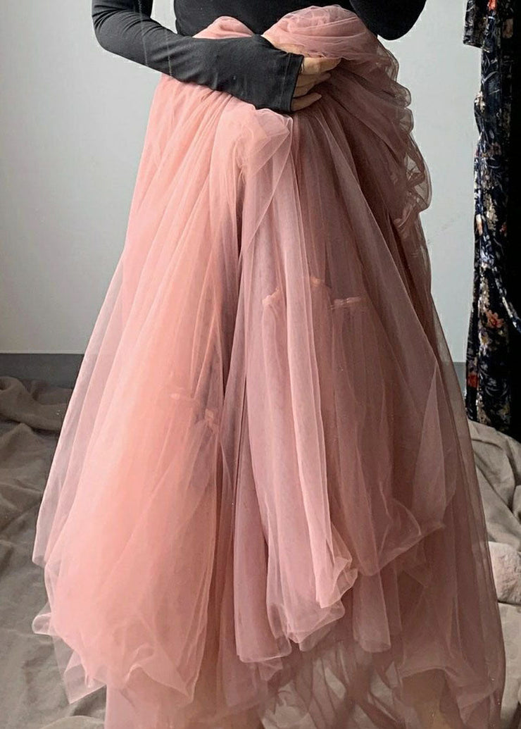 Handmade Pink Wrinkled High Waist Tulle Skirts Spring