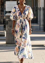 Handmade Puff Sleeve Print Chiffon Cinched Sundress