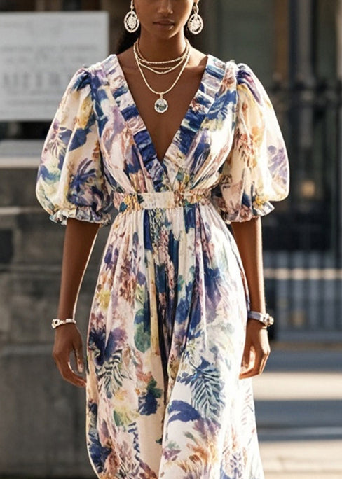 Handmade Puff Sleeve Print Chiffon Cinched Sundress