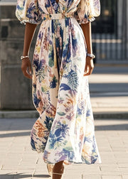 Handmade Puff Sleeve Print Chiffon Cinched Sundress