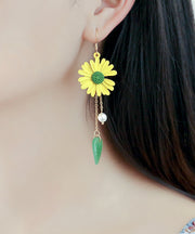 Handmade Purple Alloy Inlaid Jade Little Daisy Drop Earrings