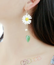 Handmade Purple Alloy Inlaid Jade Little Daisy Drop Earrings