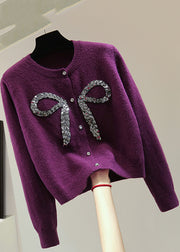 Handmade Purple Bow Nail Bead Sequins Cotton Knit Sweaters Winter