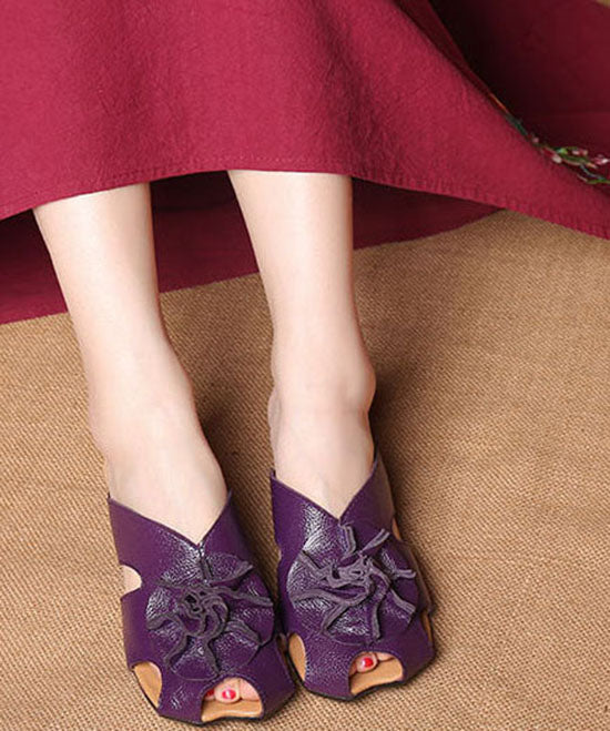 Handmade Purple Cowhide Leather Splicing Slide Sandals