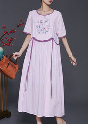 Handmade Purple Embroidered Patchwork Linen Long Dresses Summer