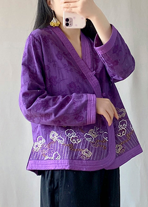 Handmade Purple Embroidered Floral Tops Long Sleeve