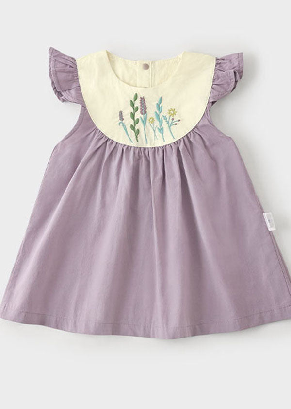 Handmade Purple Embroidered Patchwork Cotton Baby Girls Dresses Summer