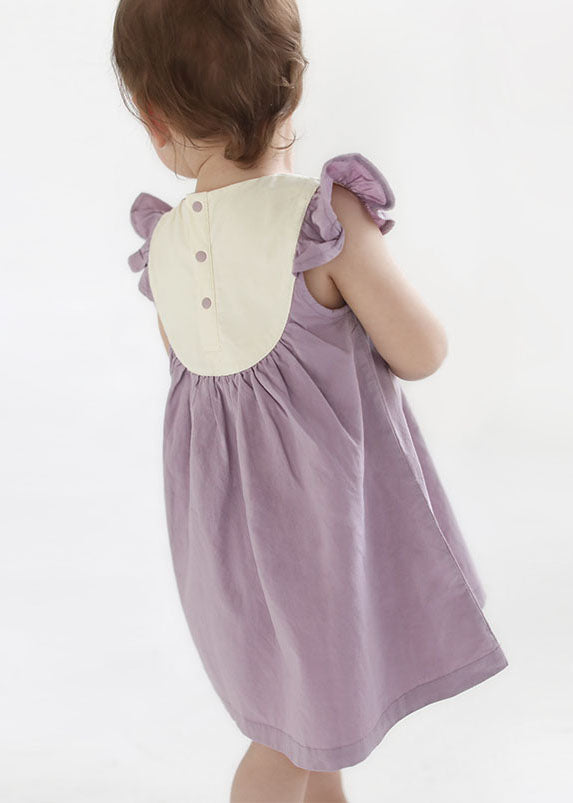 Handmade Purple Embroidered Patchwork Cotton Baby Girls Dresses Summer