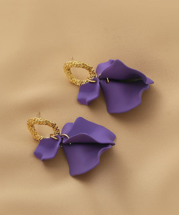 Handmade Purple Floral Alloy Acrylic Hoop Earrings