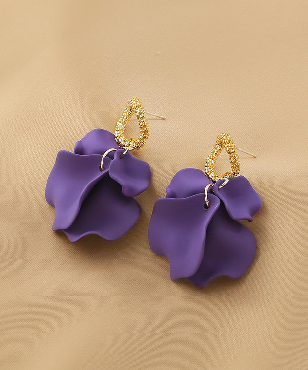 Handmade Purple Floral Alloy Acrylic Hoop Earrings