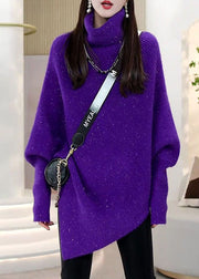 Handmade Purple Hign Neck Patchwork Knitwear Sweaters Batwing Sleeve