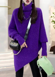 Handmade Purple Hign Neck Patchwork Knitwear Sweaters Batwing Sleeve