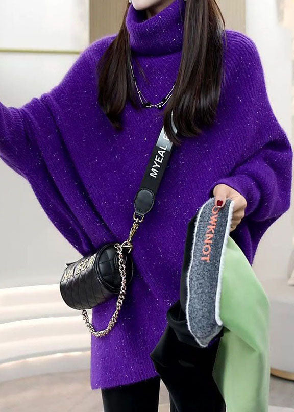 Handmade Purple Hign Neck Patchwork Knitwear Sweaters Batwing Sleeve