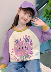 Handmade Purple O-Neck Print Patchwork Kids Top Fall