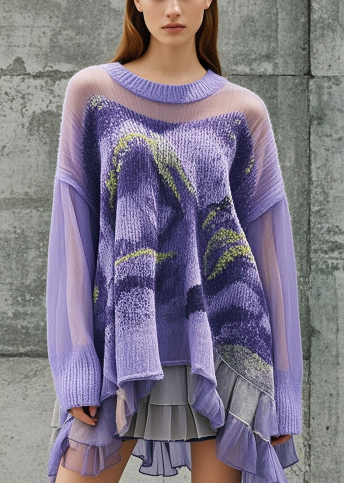 Handmade Purple Oversized Patchwork Tulle Knitted Tops Fall