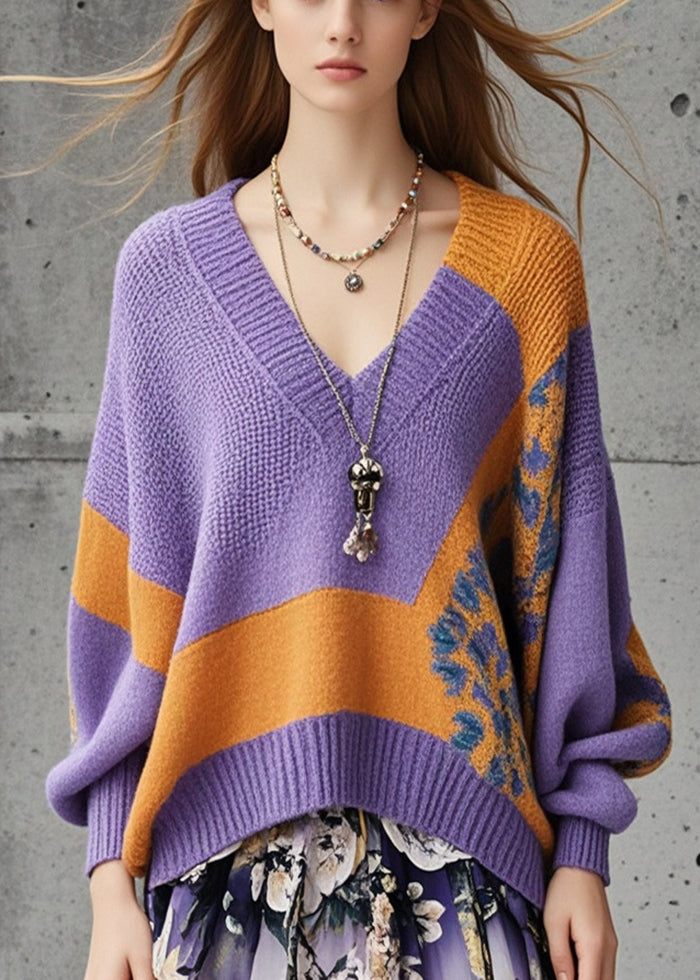 Handmade Purple Oversized Print Knitted Tops Fall