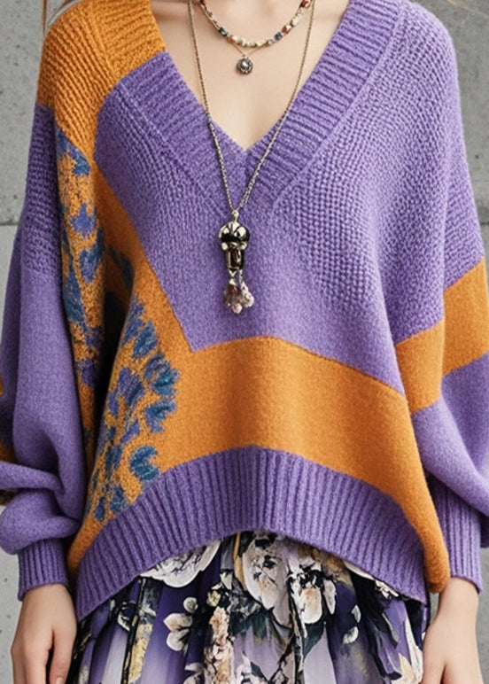 Handmade Purple Oversized Print Knitted Tops Fall