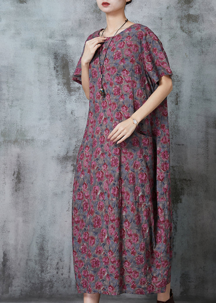 Handmade Purple Oversized Print Linen Dresses Summer