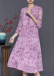 Handmade Purple Ruffled Print Chiffon Cinched Dresses Spring