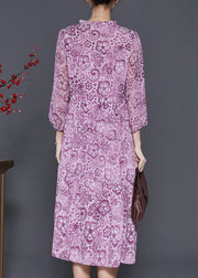 Handmade Purple Ruffled Print Chiffon Cinched Dresses Spring