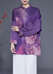 Handmade Purple Stand Collar Tassel Print Silk Shirts Spring