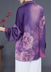 Handmade Purple Stand Collar Tassel Print Silk Shirts Spring